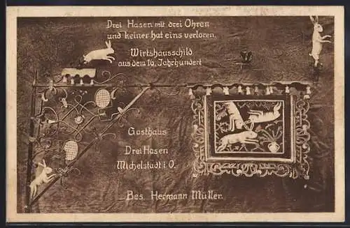 AK Michelstadt I. O., Wirtshausschild Gasthaus Drei Hasen