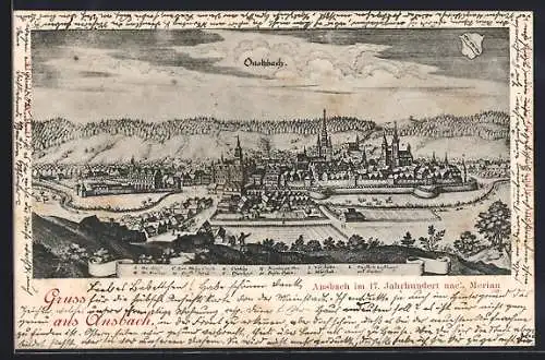 Lithographie Ansbach / Bayern, Stadtansicht im 17. Jahrhundert nach Merian