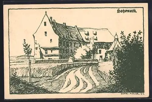 Lithographie Ipsheim, Bergschloss Hoheneck von Bühlberg gesehen