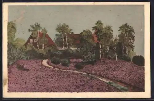 Lithographie Hamburg-Rissen, Kaffee-Restaurant Heidberg in Heidelandschaft