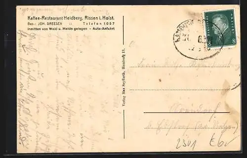 Lithographie Hamburg-Rissen, Kaffee-Restaurant Heidberg in Heidelandschaft