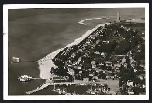 Foto-AK Laboe, Luftaufnahme mit Strand und Hafen