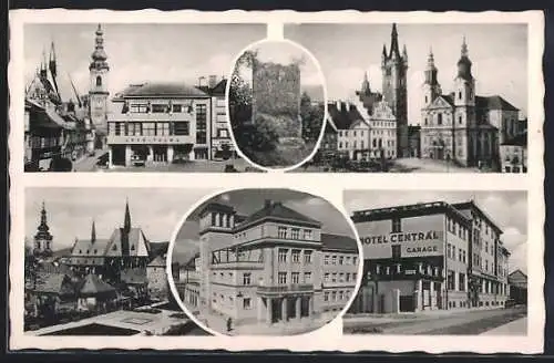 AK Klattau, Mehrfachansicht mit Hotel Central und Kirche