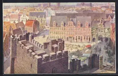 Künstler-AK Gand, La Place Ste Pharailde vue de haut du Chateau des Comtes