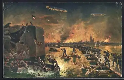 Künstler-AK Antwerpen, Eroberung der Stadt 1914, Deutsche Pioniere errichten eine Brücke, geschützt von Zeppelinen