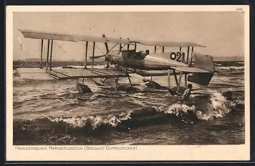 AK Französisches Marineflugzeug Breguet-Doppeldecker vor dem Start vom Meeresstrand