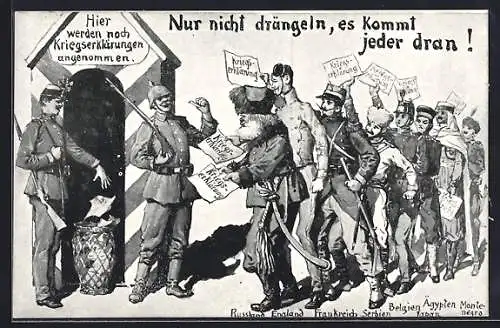 AK Russland, England, Frankreich geben ihre Kriegserklärung bei den deutschen Soldaten ab