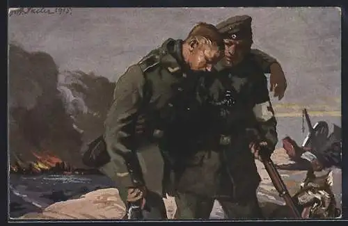 AK Der Sanitätshund im Felde, Karte Nr. 5, Sanitätsführer und Sanitätshund geleiten einen Verwundeten zum Verbandsplatz