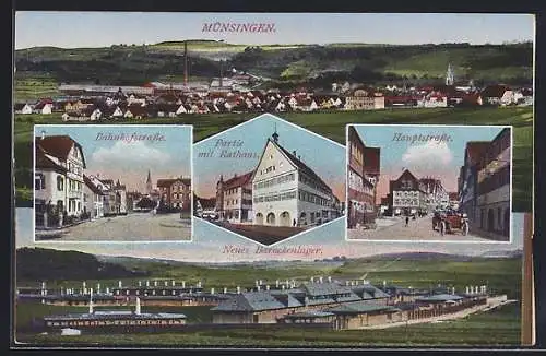 AK Münsingen, Panorama, Hauptstrasse, Bahnhofstrasse & Neues Barackenlager