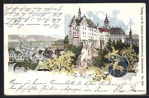 Lithographie Sigmaringen, Teilansicht mit Wappen