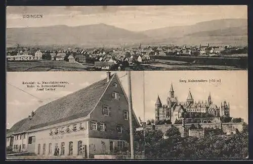 AK Bisingen, Gesamtansicht, Kolonial- und Manufakturwaren, Mehl- und Kohlenhandlung Josef Lacher, Burg Hohenzollern