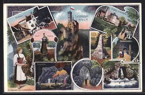 AK Lichtenstein / Echaztal, Hauff-Denkmal, Geolog. Pyramide, Forsthaus, Bärbele