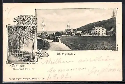 AK St.Morand, Ortsansicht mit Kirche, Strasse nach St. Morand, in Kunstrahmen