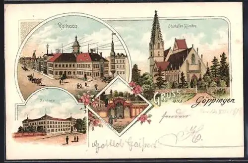 Lithographie Göppingen, Rathaus, Oberhofen Kirche, Schloss, Sauerbrunnen um 1900