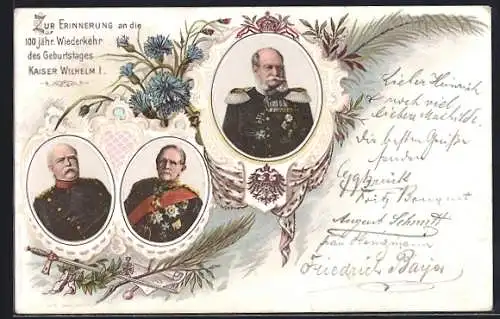 Passepartout-Lithographie 100jähriger Geburtstag Kaiser Wilhelm I. 1897, Portraits, Wappen