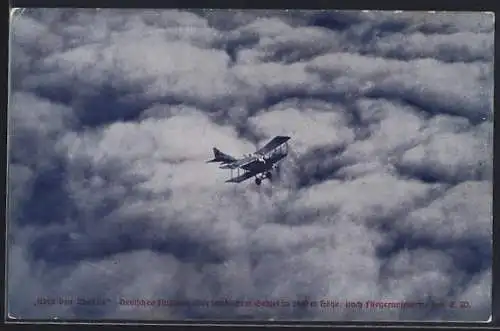 AK Deutsches Flugzeug über den Wolken, Doppeldecker