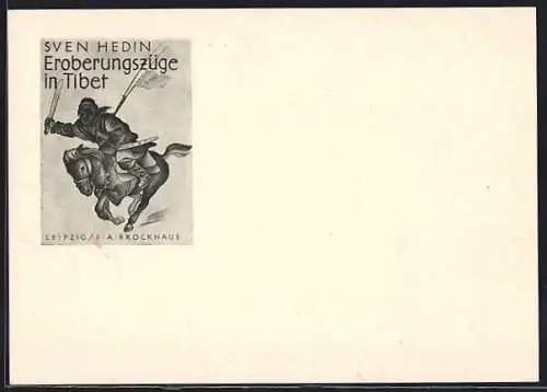 AK Buchtitel Eroberungszüge in Tibet von Sven Hedin, Wilder Reiter mit Schwert, Bibliothek