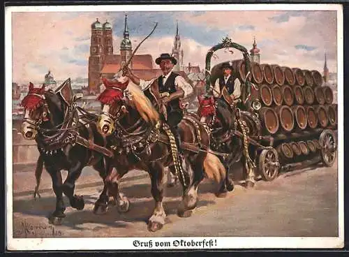 AK Bierkutscher, Pferdegespann der Brauerei mit Bierfässern