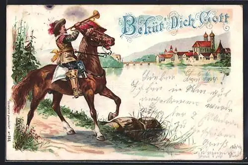 Lithographie Jäger auf einem Pferd bläst in seine Trompete vor einem Fluss, Behüt Dich Gott!