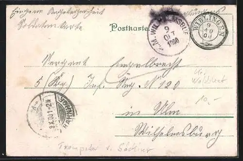 Lithographie Jäger auf einem Pferd bläst in seine Trompete vor einem Fluss, Behüt Dich Gott!