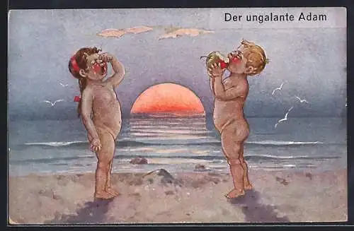 Künstler-AK Adam isst vor weinender Eva einen Apfel