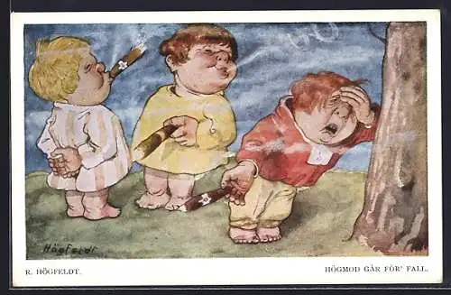 Künstler-AK sign. Högfeldt: Kinder rauchen Zigarren