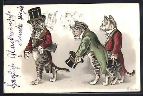 AK Katzen mit Frack und Zylinder, vermenschlichte Tiere