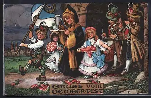 AK Oktoberfest, Münchner Kindl mit Rettich und Bierkrug, Mädchen streuen Blumen, Männer musizieren
