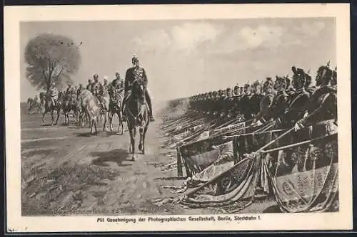 AK Berlin-Tempelhof, Kaiser Wilhelm I. schreitet seine Truppen mit den erbeuteten Fahnen ab