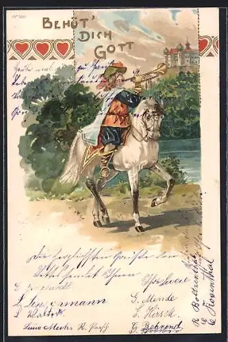 Lithographie Behüt Dich Gott!, Trompeter von Säckingen auf Schimmel