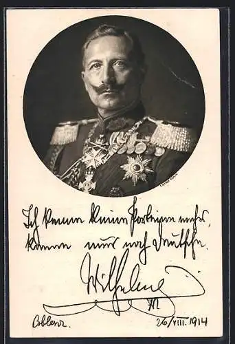 AK Portrait Kaiser Wilhelm II. trägt Paradeuniform mit Orden Pour le Merite, Abzeichen und Medaillen