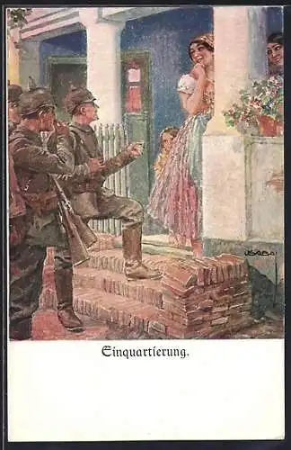 Künstler-AK Luis Usabal: Einquartierung deutscher Soldaten bei lächelnden jungen Frauen