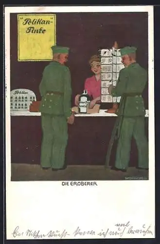 Künstler-AK Die Eroberer am Verkaufsstand, Pelikan-Tinte