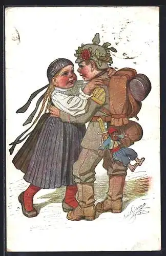 Künstler-AK Emil Beithan: Kindersoldat mit seiner Liebsten im Arm