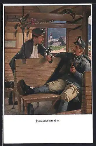 AK Kriegskameraden mit Pfeife in Holzhütte, Zweibund
