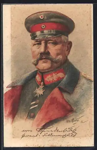 Künstler-AK Paul von Hindenburg in Uniform mit Orden und Schirmmütze