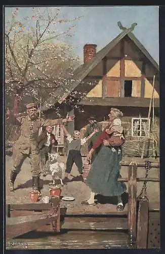 Künstler-AK sign. C. Röchling: Soldat kehrt auf den heimischen Hof zurück