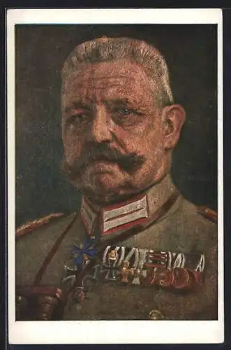 Künstler-AK Portrait General Paul von Hindenburg in Uniform mit Orden