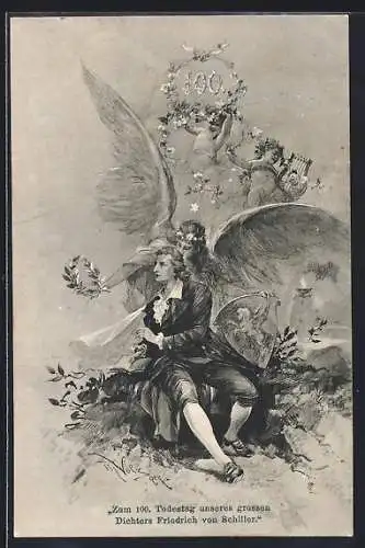 AK Friedrich Schiller im Kreise von Engeln anlässlich seines 100. Todestages