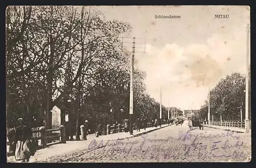 AK Mitau, Schlossdamm mit Strassenpartie