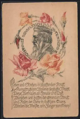 Künstler-AK Johannes Gutenberg im Porträt mit Rosen