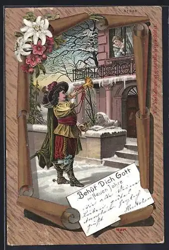 Lithographie Trompeter vor dem Haus der Angebeteten, Behüt Dich Gott!
