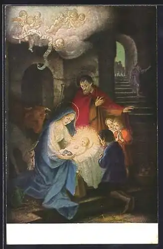 Künstler-AK Heilige Familie und betende Kinder an der Jesuskrippe im Stall