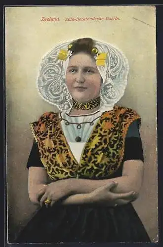 AK Zeeland, Zuid-Bevelandsche Boerin, Trachten