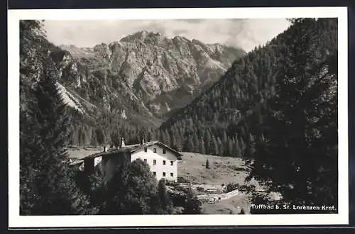 AK St. Lorenzen im Lesachtal, Tuffbad, Blick zur Pension im Tal