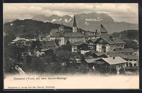AK Kitzbühel, Teilansicht mit dem Kaiser-Gebirge