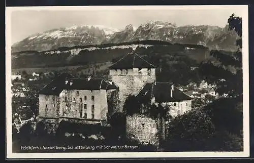 AK Feldkirch, Schattenburg mit Schweizer Bergen