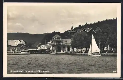 AK Klagenfurt-Wörthersee, Blick zum Strandcafe, Segelboot