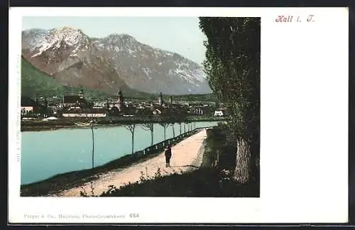 AK Hall / Tirol, Wasserpartie mit Teilansicht der Ortschaft