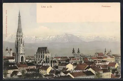 AK Linz a. D., Teilansicht mit Bergpanorama